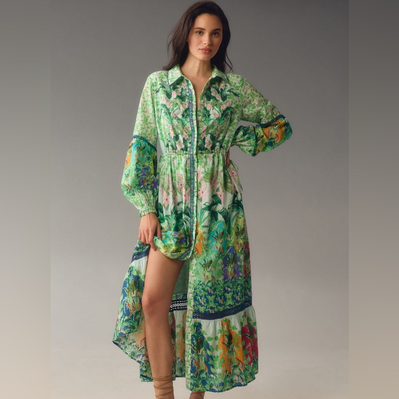 The Eleanora Long-Sleeve Maxi Shirt Dress Jungle Print Sizes Xs & Small